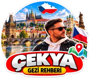 Çekya gezi rehberi rozeti: Prag Kalesi, Karlov Köprüsü, Vltava Nehri ve Çekya bayrağı