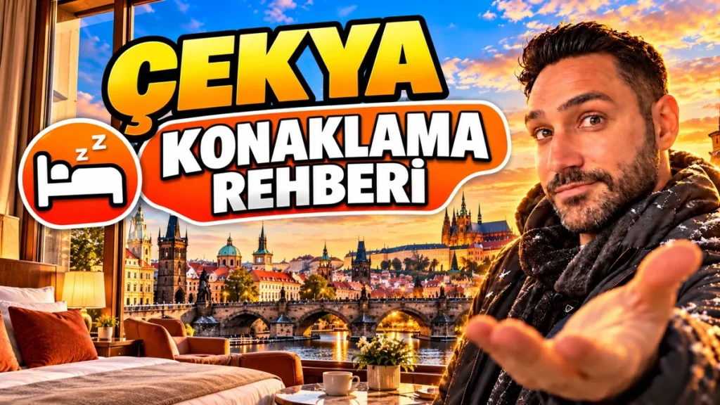 Prag'da Karlův Köprüsü manzaralı otel odasında Halil Şımır, Çekya konaklama rehberi kapağı