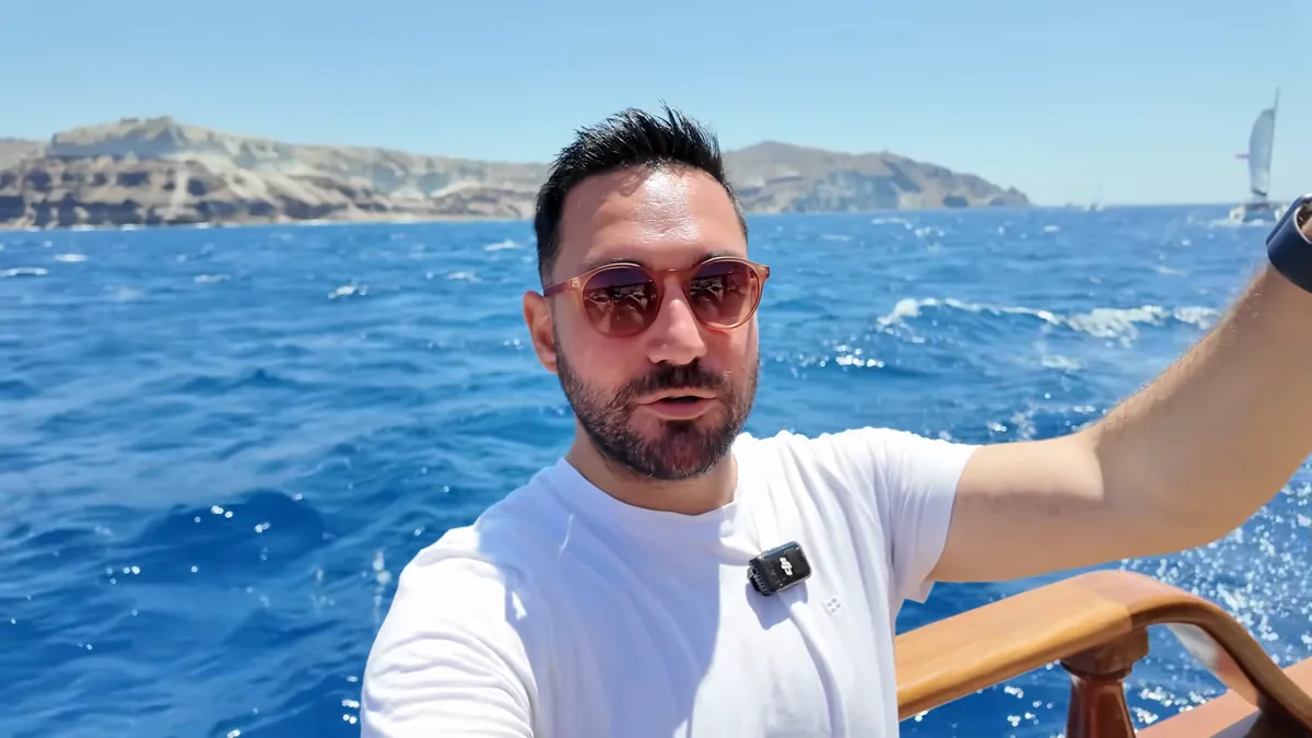 Santorini caldera cliffs and sea from the boat tour