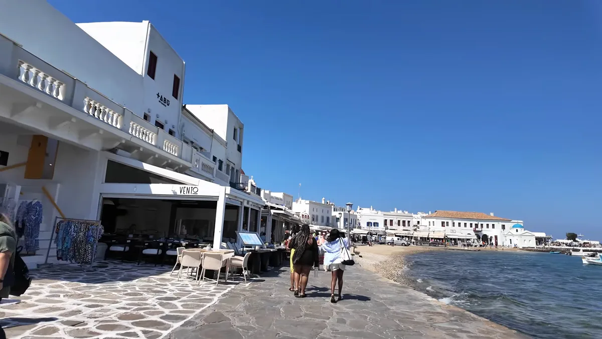 Seafront path and cafes by Little Venice, Mykonos