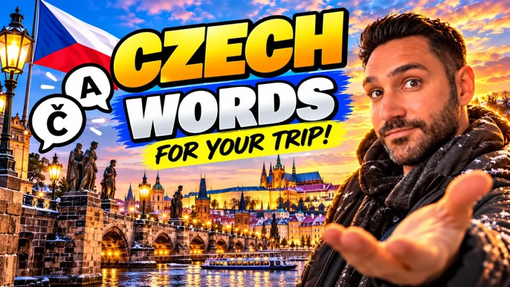 Halil Şımır by Charles Bridge in Prague with the Czech flag and speech bubbles with Czech letters, Czech Words for Your Trip cover
