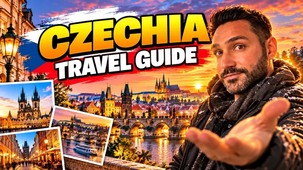 Halil Şımır above Prague at sunset with Charles Bridge, Prague Castle and the Týn Church, Czechia Travel Guide cover