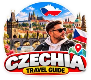 Czechia travel guide badge: Prague Castle, Charles Bridge, the Vltava river and the Czech flag, with Halil Şımır