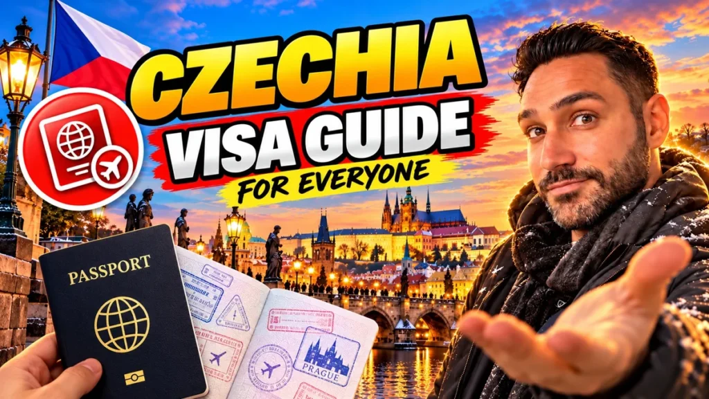 Halil Şımır in Prague with a passport and visa stamps in front of Prague Castle, Czechia Visa Guide for Everyone cover