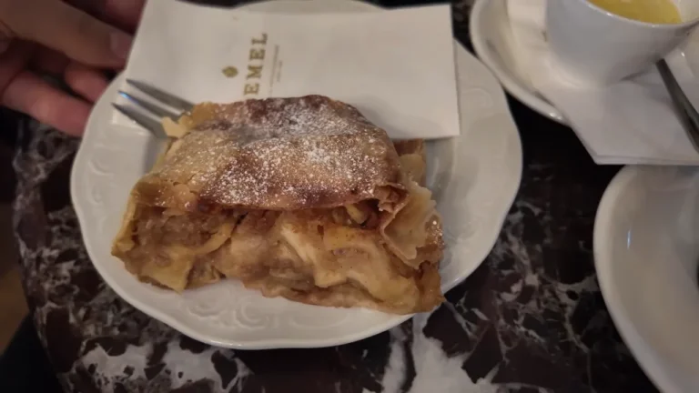 Slice of apple strudel dusted with icing sugar at Demel