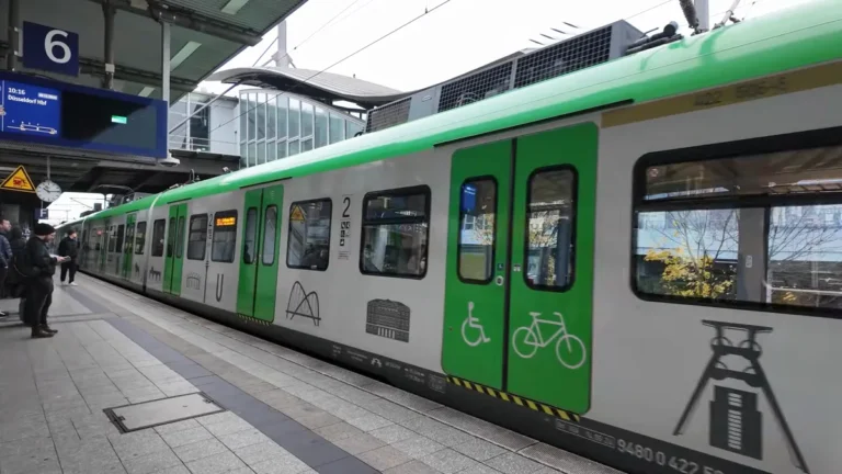 Düsseldorf'ta perona giren yeşil beyaz S-Bahn treni