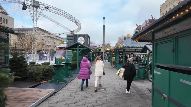 Christmas stalls on Königsallee in Düsseldorf on a quiet morning