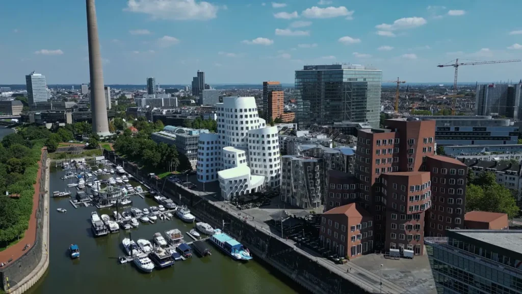 Aerial view of Düsseldorf MedienHafen with the marina, the Gehry buildings and the Rheinturm