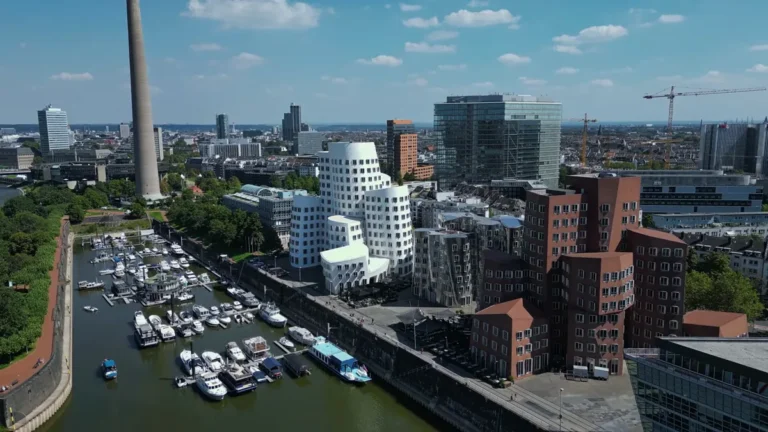 Aerial view of Düsseldorf MedienHafen with the marina, the Gehry buildings and the Rheinturm