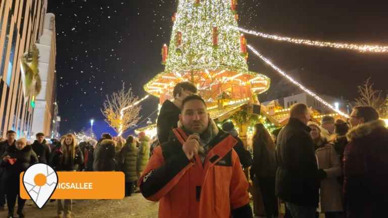 Düsseldorf Königsallee Noel pazarında gece ışıklı ağaç ve yapay kar