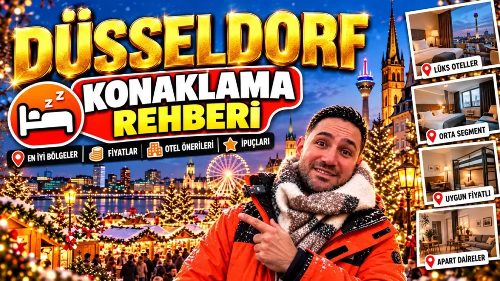 Düsseldorf konaklama rehberi kapağı: Halil, Rheinturm ve Noel pazarı önünde; lüks, orta segment, uygun fiyatlı otel ve apart daire kareleri