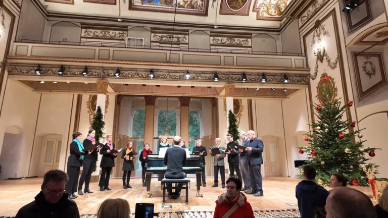 Eisenstadt Esterházy Sarayı Haydn Salonu'nda Noel ağacı önünde piyanolu koro