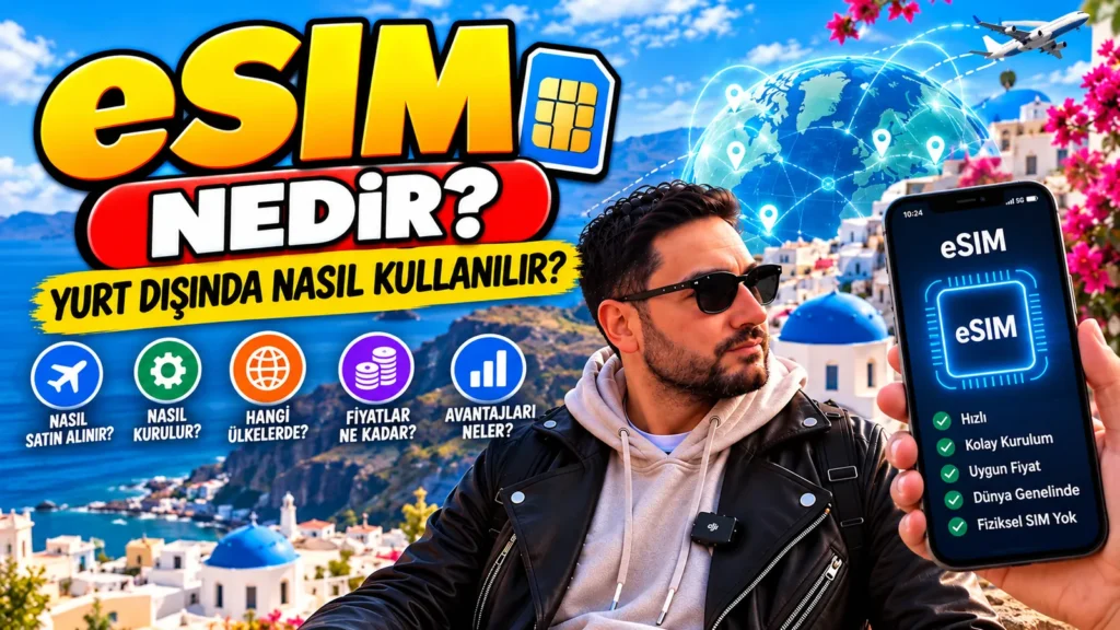 eSIM nedir ve yurt dışında nasıl kullanılır: telefonda eSIM kurulumu, Santorini manzarası önünde
