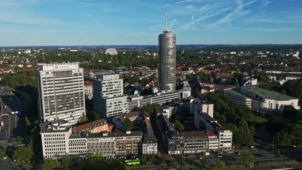 Aerial view of Essen city centre with the RWE Tower and the blocks around the main station