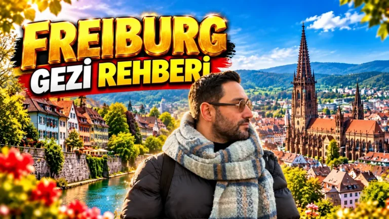 Freiburg gezi rehberi kapağı: Freiburg Münster’i, renkli eski şehir evleri ve Dreisam kıyısında Halil