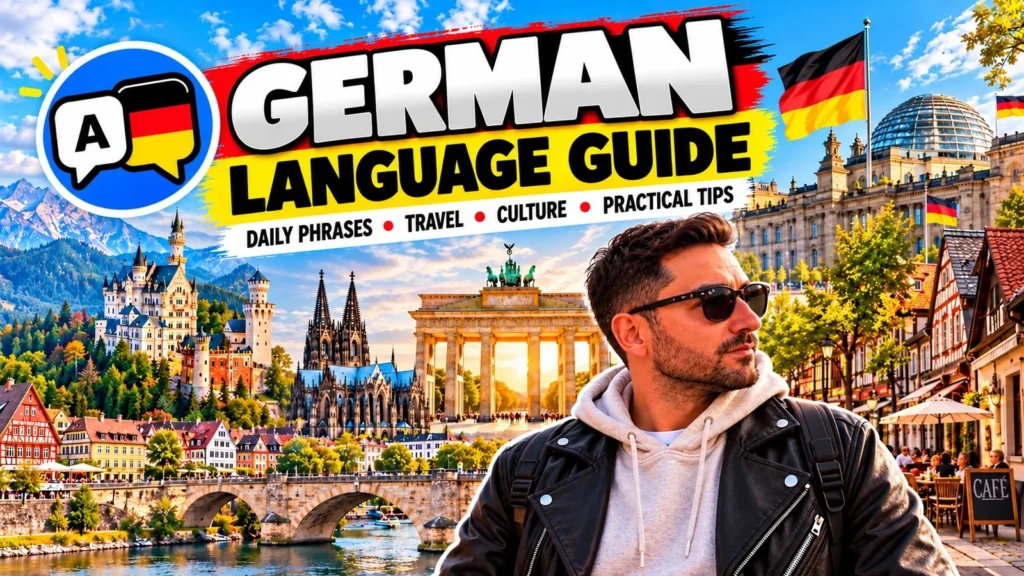 German phrases for travelers: Halil from Gezginbirchef with Neuschwanstein Castle, Cologne Cathedral, the Brandenburg Gate and the Reichstag