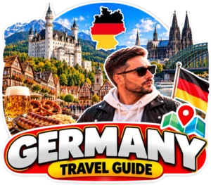 Germany travel guide badge: Neuschwanstein Castle, Cologne Cathedral, the Rhine and the German flag