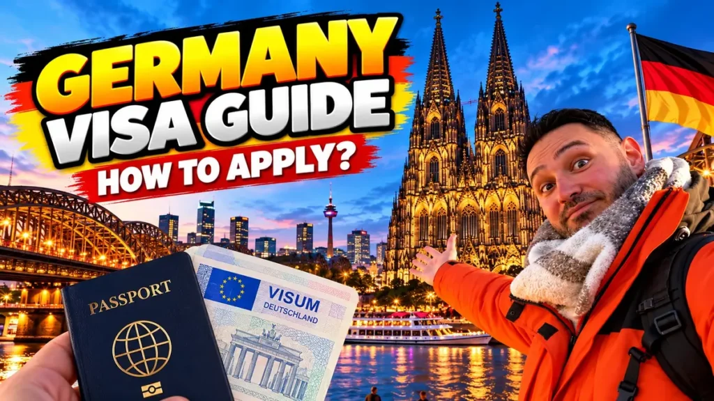 Germany visa guide, how to apply: a passport and a Schengen visa sticker with Cologne Cathedral behind
