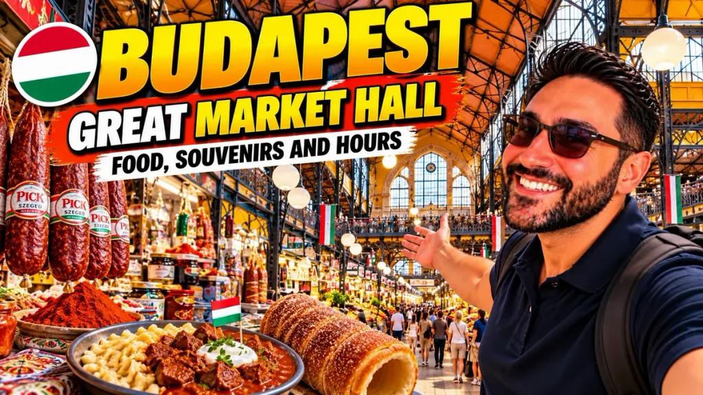Great Market Hall Budapest: Halil in the main hall with paprika, Pick salami, goulash and chimney cake