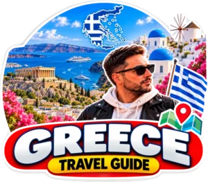 Greece travel guide badge: the Acropolis, Santorini's blue domes, a windmill and the Greek flag