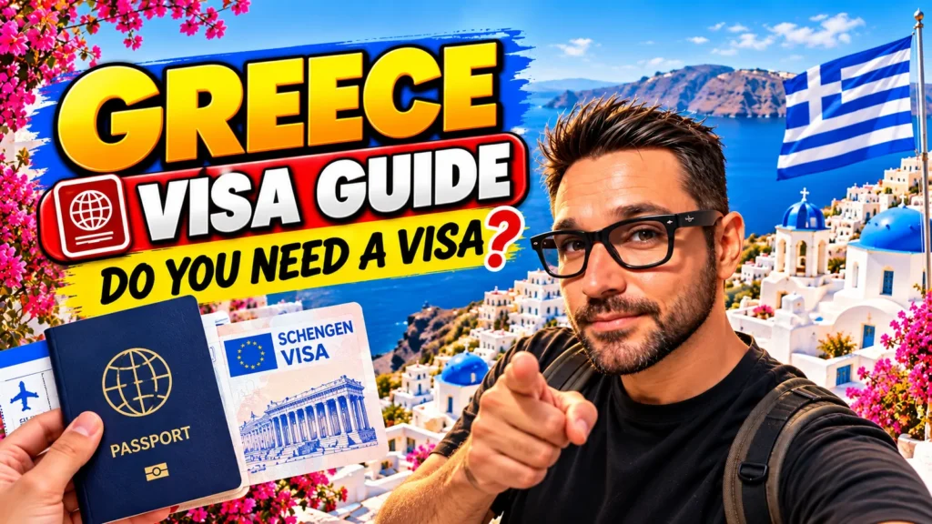 Greece visa guide: passport and Schengen visa with Santorini view behind