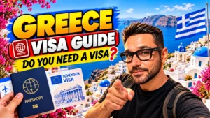 Greece visa guide: passport and Schengen visa with Santorini view behind
