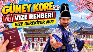 Güney Kore vize rehberi: Türk pasaportu ve uçak bileti, arkada Seul'deki Gyeongbokgung Sarayı ve geleneksel Kore kıyafetiyle Gezginbirchef
