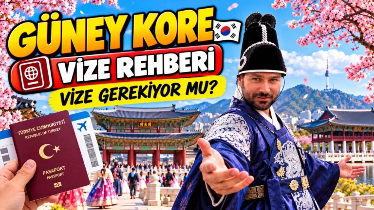 Güney Kore vize rehberi: Türk pasaportu ve uçak bileti, arkada Seul'deki Gyeongbokgung Sarayı ve geleneksel Kore kıyafetiyle Gezginbirchef