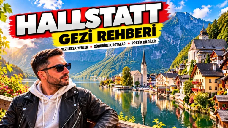 Hallstatt gezi rehberi: Gezginbirchef Halil, Hallstatt Gölü kıyısında, arkada sivri çatılı kilise ve köy evleri