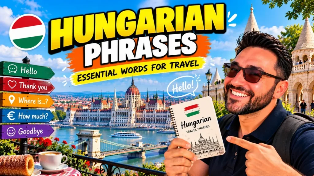 Hungarian phrases for travel: Halil in Budapest with a phrasebook, the Parliament and the Chain Bridge behind