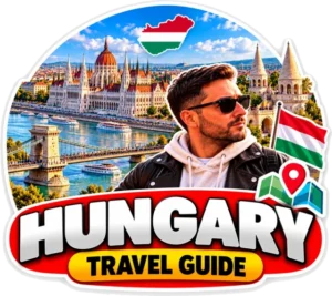 Hungary travel guide badge: Budapest Parliament, the Chain Bridge, Fisherman's Bastion and the Hungarian flag