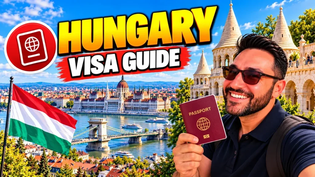 Hungary visa guide: Halil holding a passport at Fisherman's Bastion in Budapest, with the Parliament and the Chain Bridge behind