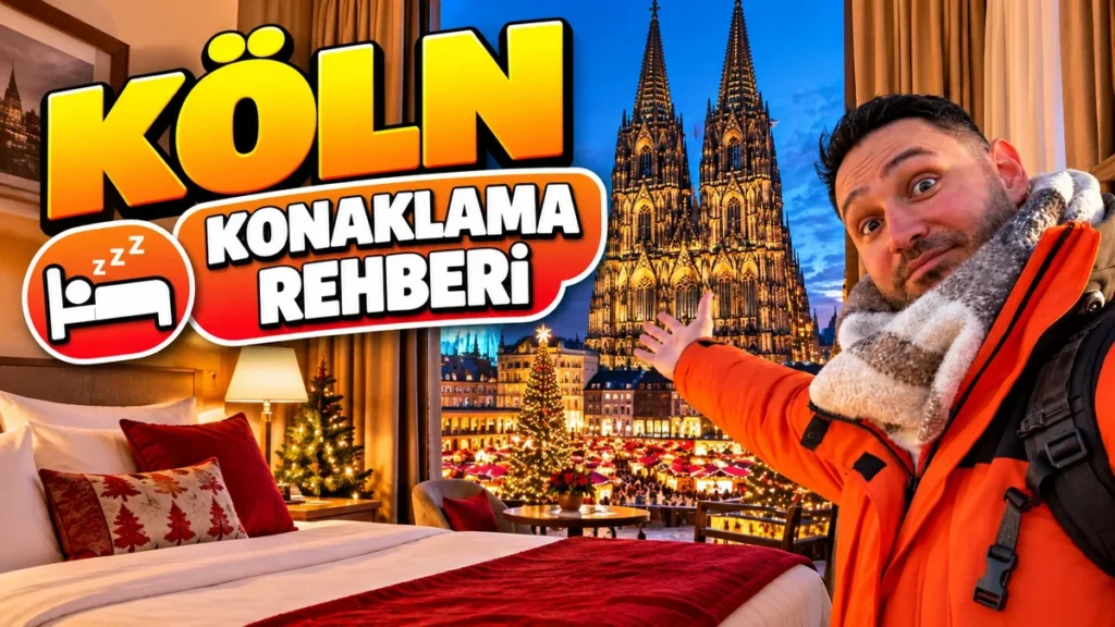 Köln konaklama rehberi: penceresinden Köln Katedrali ve Noel pazarı görünen otel odası