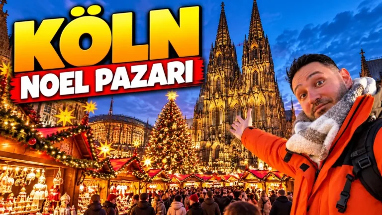 Köln Noel pazarı: Köln Katedrali önünde ışıklı Noel ağacı, ahşap tezgâhlar ve kalabalık
