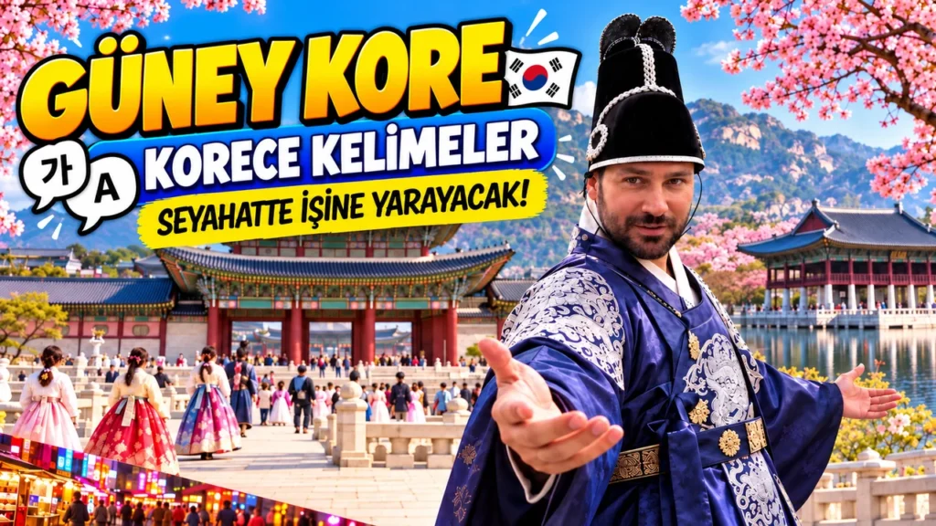 Korece kelimeler ve okunuşları: Seul'de Gyeongbokgung Sarayı önünde geleneksel Kore kıyafetiyle Gezginbirchef, Güney Kore seyahati için Korece rehberi kapağı