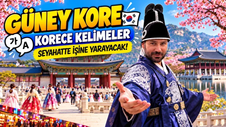 Korece kelimeler ve okunuşları: Seul'de Gyeongbokgung Sarayı önünde geleneksel Kore kıyafetiyle Gezginbirchef, Güney Kore seyahati için Korece rehberi kapağı