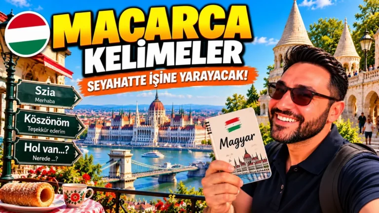 Macarca kelimeler ve okunuşları: Szia, Köszönöm ve Hol van tabelaları önünde Budapeşte'de Halil