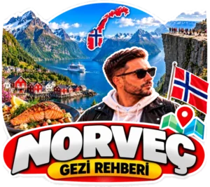 Norveç gezi rehberi rozeti: fiyortlar, kırmızı balıkçı evleri, Preikestolen ve Norveç bayrağı
