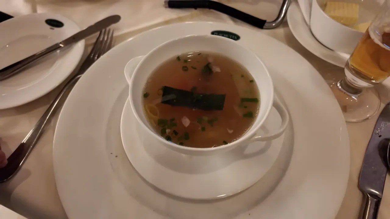 Clear beef broth served before the Tafelspitz at Plachutta