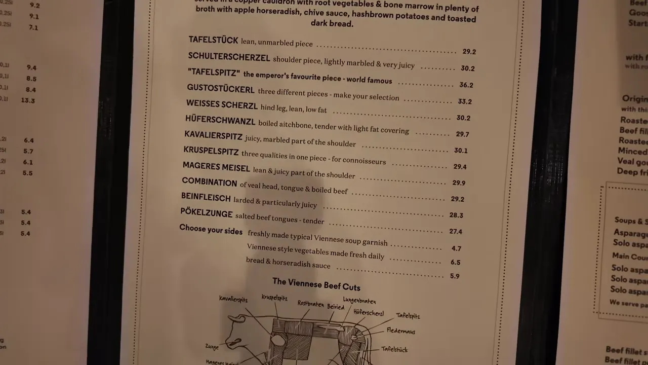 Plachutta menu page listing Tafelspitz and the other boiled beef cuts