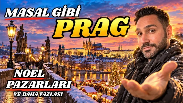 Prag Noel pazarı: karlı Karlův Köprüsü, Prag Kalesi ve Noel ağacı önünde Halil Şımır