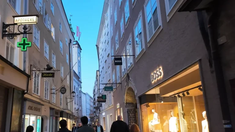 Salzburg Getreidegasse'nin ferforje dükkân tabelaları, akşam