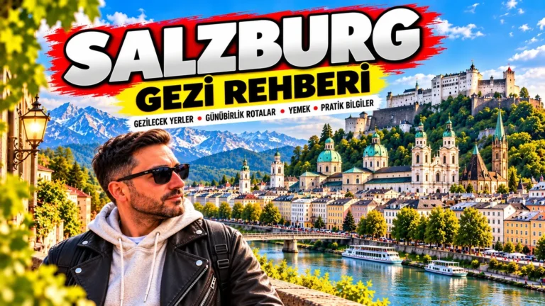 Salzburg gezi rehberi: Gezginbirchef Halil, Salzach kıyısında, arkada Hohensalzburg Kalesi ve katedral kubbeleri