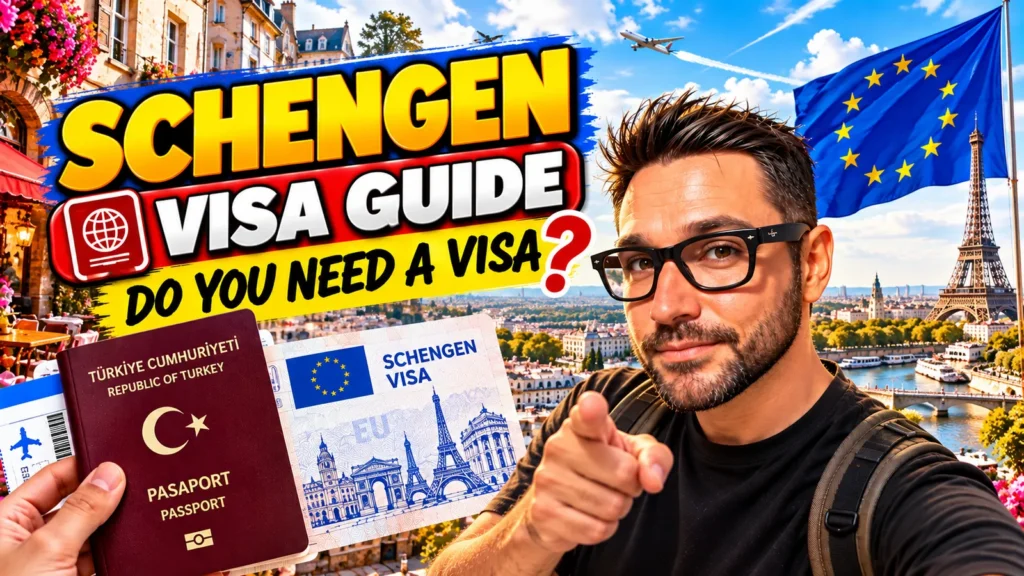 Schengen visa guide: Turkish passport and Schengen visa with Paris skyline behind
