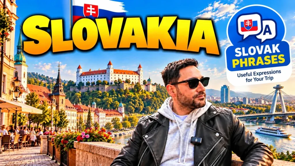 Slovak phrases for travel: Halil in Bratislava with the castle and the Danube behind him