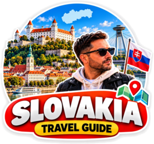 Slovakia travel guide badge: Bratislava Castle, the UFO Bridge and the Slovak flag