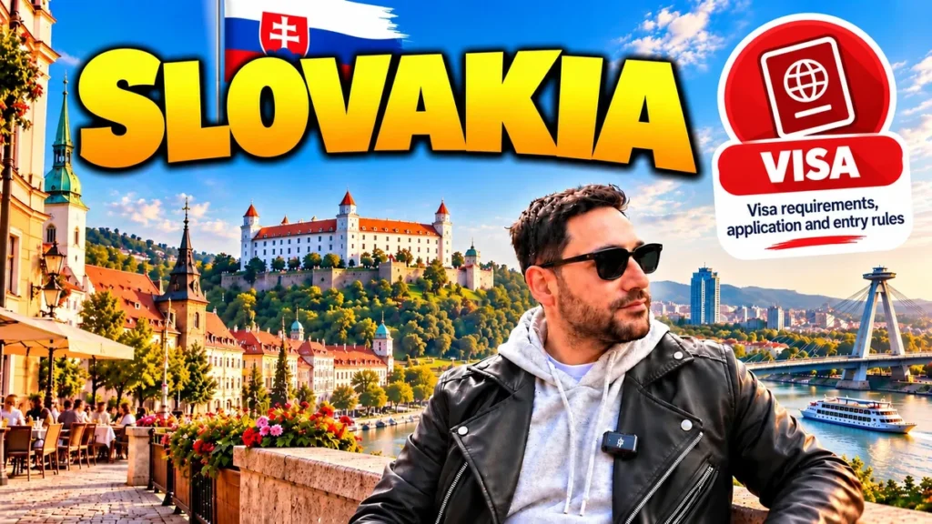 Slovakia visa guide: Halil by the Danube with Bratislava Castle and the UFO Bridge behind him