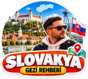 Slovakya gezi rehberi rozeti: Bratislava Kalesi, UFO Köprüsü ve Slovakya bayrağı
