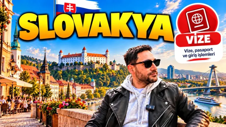 Slovakya vizesi: Bratislava Kalesi ve Tuna kıyısında Halil, pasaport ve vize simgesi
