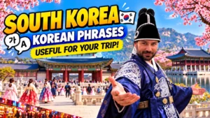 Korean phrases for travellers: Gezginbirchef in traditional Korean dress at Gyeongbokgung Palace in Seoul, South Korea travel guide cover